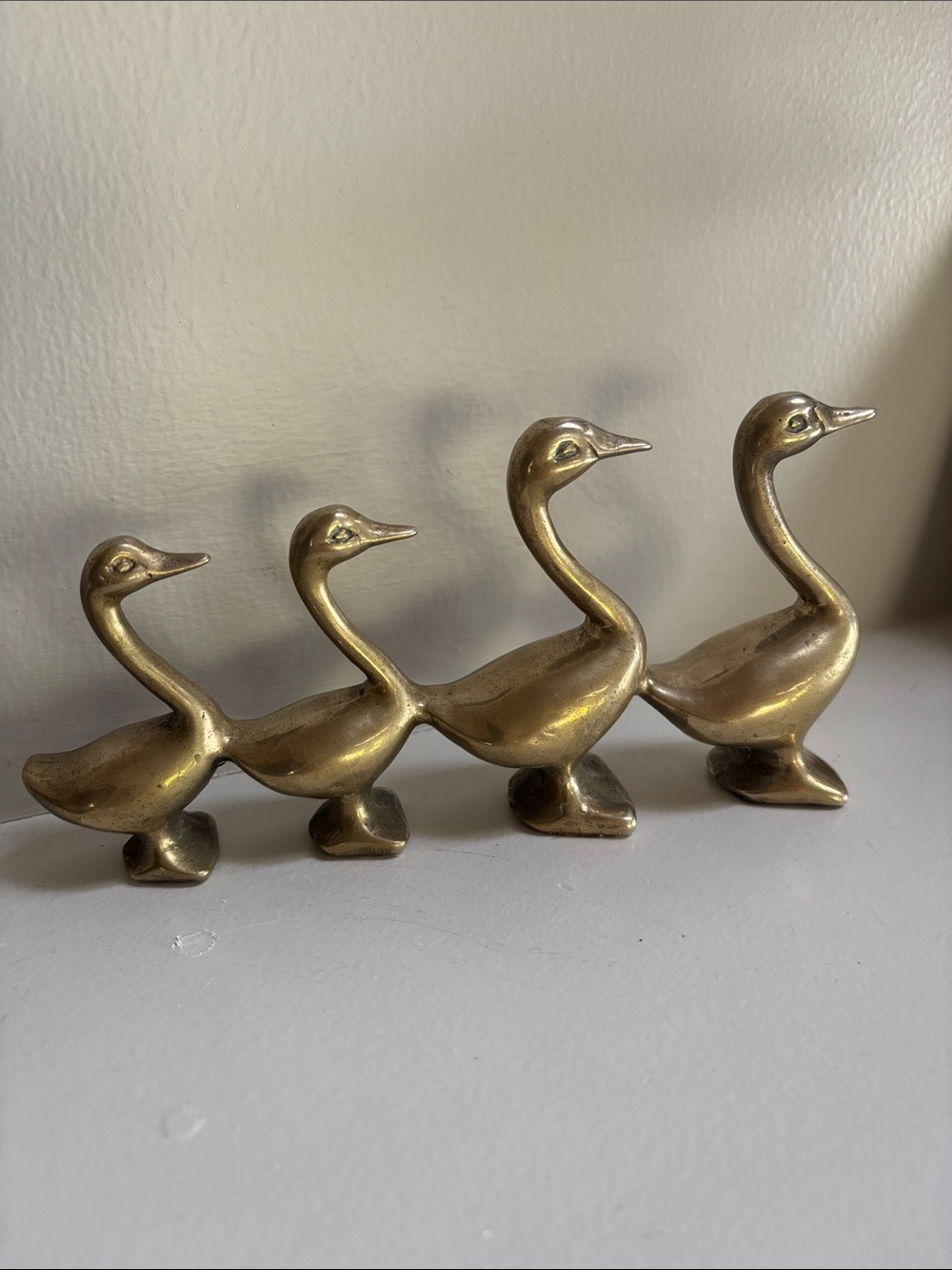Vintage Solid Brass Ducks in a Row Four Goose Flock MCM Paperweight Cottage-core - Picture 10 of 10